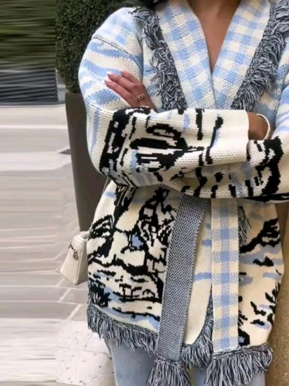 Vintage Jacquard Print Knit Fringe Cardigan Women Lapel Lace Up Loose Long - Picture 6 of 10